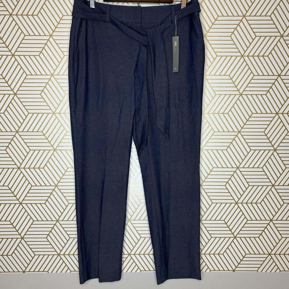 NWT Loft Marisa Slim Pants 10 Navy Blue Textured Belt Office Workwear Trousers